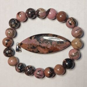 Rhodonite stone pendant and Rhodonite stone 10mm round bracelet bundle #1
